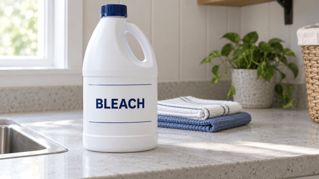 Illustration of a generic bleach bottle on a household counter